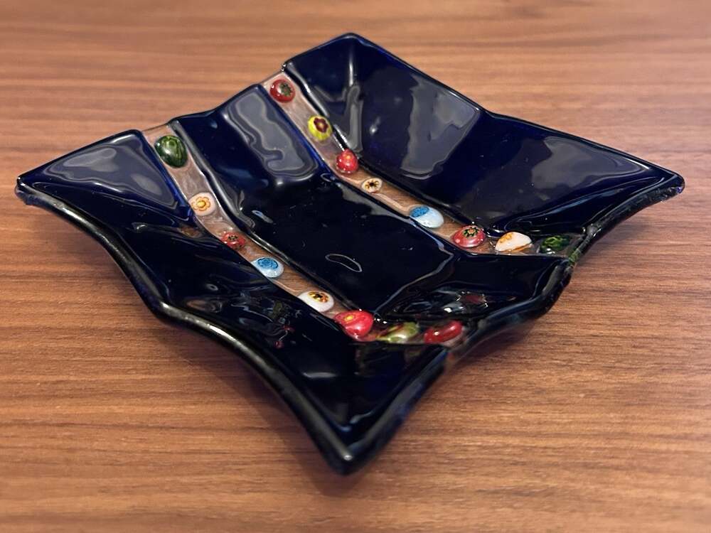 Murano Style Millefiore Fused Glass Trinket / Ring Dish, Cobalt Blue 4.5 Square”